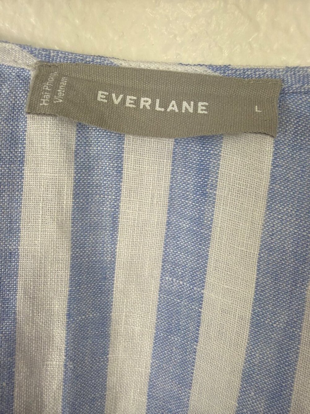 Everlane Linen Midi Dress Blue White Stripe Puff Sleeve Pockets L NWOT - Picture 10 of 16